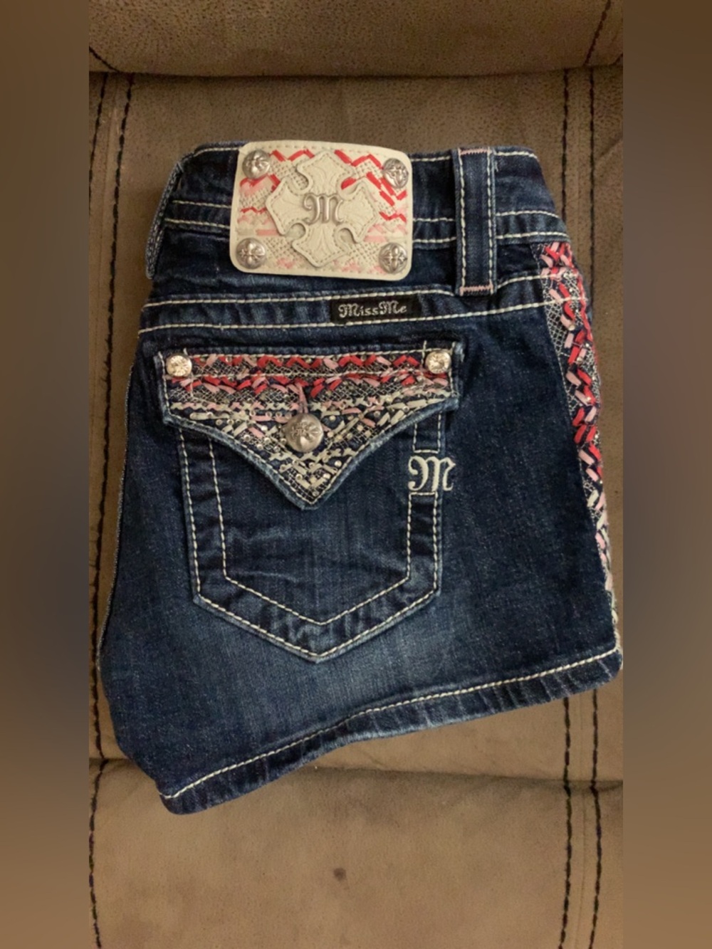 Miss Me Dark Blue Denim Jeans with Pink Cream Embroidered Trim